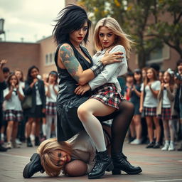 A striking scene in a schoolyard where a sexy, hot, beautiful, stunning, and curvy girl with medium messy black hair and crystal blue eyes is sitting on top of another gorgeous, curvy girl with thick blonde hair