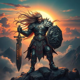 An epic depiction of the most powerful warrior ever, clad in intricately detailed armor made of an unusual metal that shimmers with mystical energy