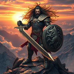 An epic depiction of the most powerful warrior ever, clad in intricately detailed armor made of an unusual metal that shimmers with mystical energy