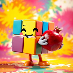 A colorful Rubik's Cube character, stylized with various bright colored squares on its body, holding a luscious pomegranate in its hands