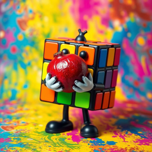 A colorful Rubik's Cube character, stylized with various bright colored squares on its body, holding a luscious pomegranate in its hands