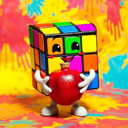 A colorful Rubik's Cube character, stylized with various bright colored squares on its body, holding a luscious pomegranate in its hands