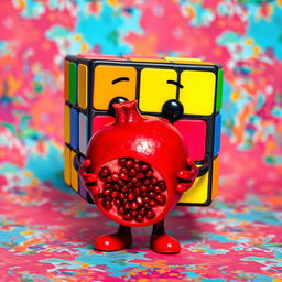 A colorful Rubik's Cube character, stylized with various bright colored squares on its body, holding a luscious pomegranate in its hands