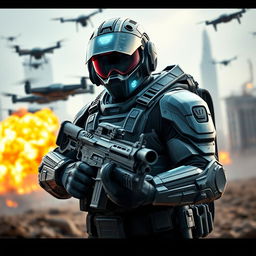 A highly advanced tactical soldier in a futuristic battlefield, wearing a sleek, high-tech combat suit equipped with various gadgets and weaponry