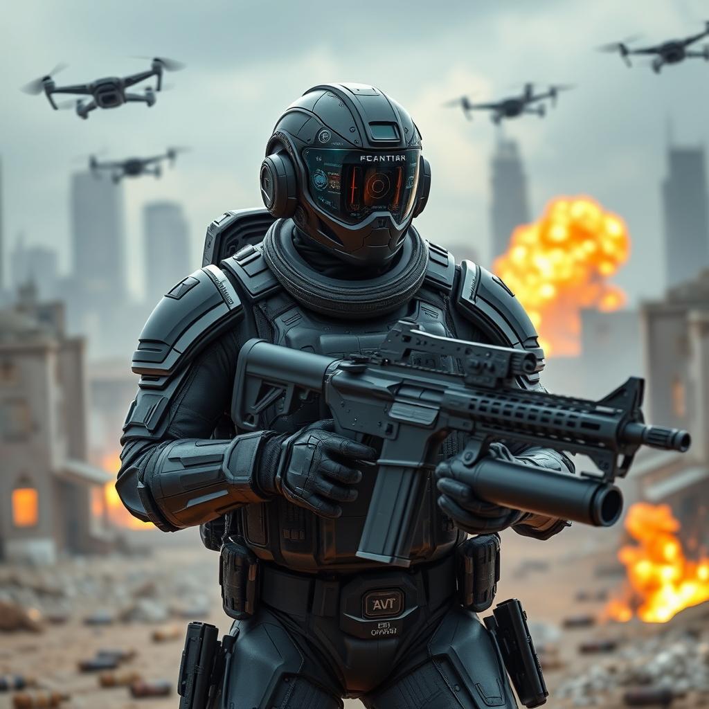 A highly advanced tactical soldier in a futuristic battlefield, wearing a sleek, high-tech combat suit equipped with various gadgets and weaponry