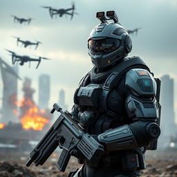 A highly advanced tactical soldier in a futuristic battlefield, wearing a sleek, high-tech combat suit equipped with various gadgets and weaponry