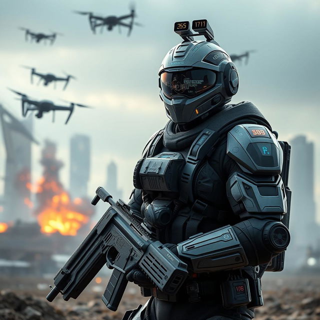 A highly advanced tactical soldier in a futuristic battlefield, wearing a sleek, high-tech combat suit equipped with various gadgets and weaponry