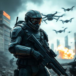 A highly advanced tactical soldier in a futuristic battlefield, wearing a sleek, high-tech combat suit equipped with various gadgets and weaponry