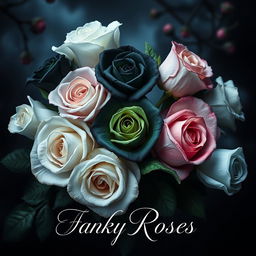 A dark and elegant fantasy novel cover featuring a striking composition of roses in various colors including pure white, deep black, vibrant green, soft blue, and delicate pink