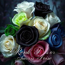 A dark and elegant fantasy novel cover featuring a striking composition of roses in various colors including pure white, deep black, vibrant green, soft blue, and delicate pink