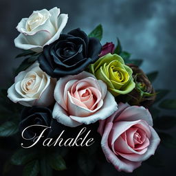 A dark and elegant fantasy novel cover featuring a striking composition of roses in various colors including pure white, deep black, vibrant green, soft blue, and delicate pink
