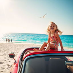 A picturesque scene featuring a child joyfully sitting on the hood of a moving car, with a vibrant beach in the background
