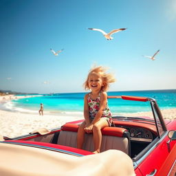 A picturesque scene featuring a child joyfully sitting on the hood of a moving car, with a vibrant beach in the background