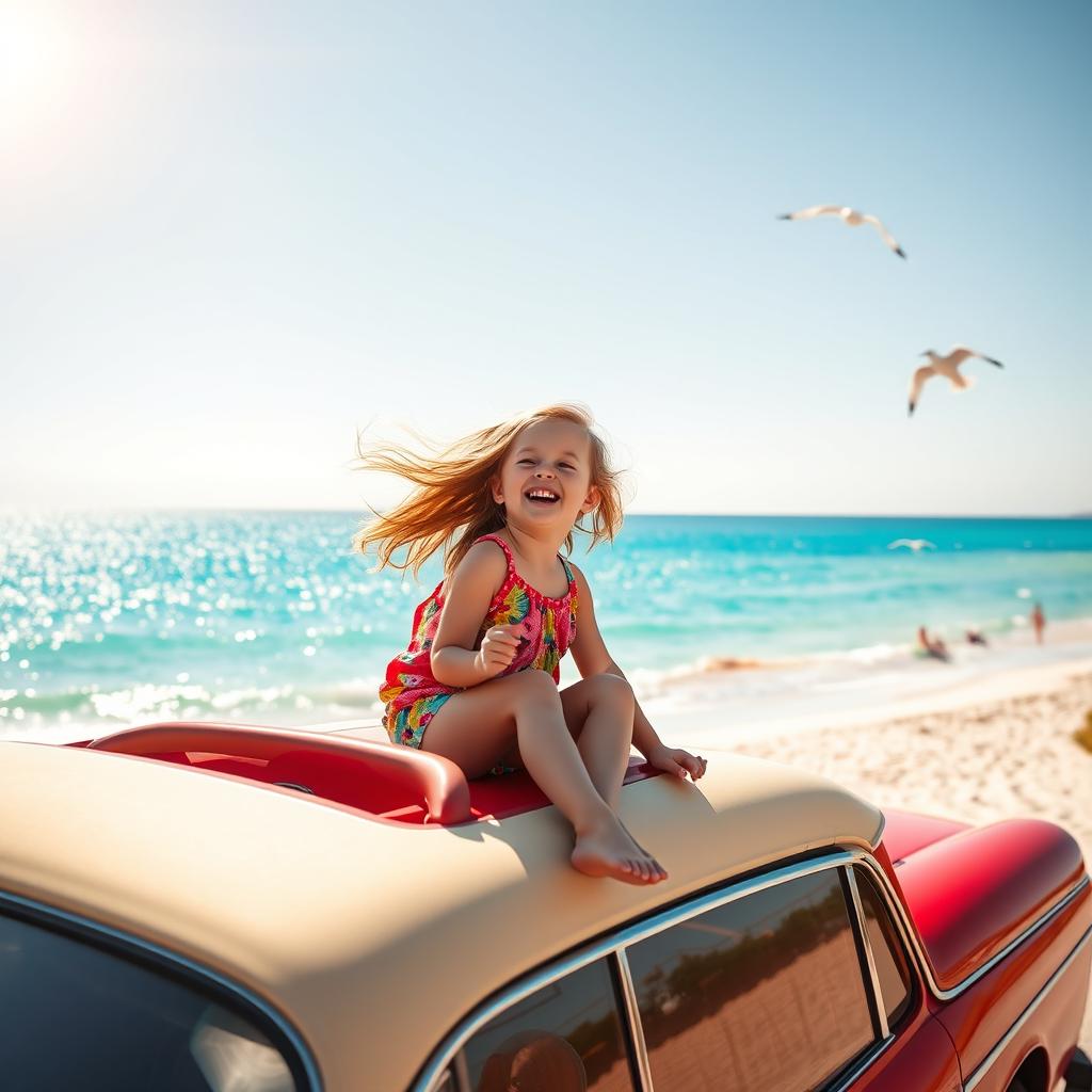 A picturesque scene featuring a child joyfully sitting on the hood of a moving car, with a vibrant beach in the background