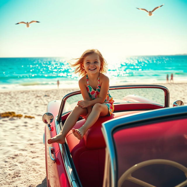 A picturesque scene featuring a child joyfully sitting on the hood of a moving car, with a vibrant beach in the background