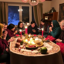 A traditional Iranian Yalda Night celebration featuring a beautifully decorated table with pomegranates, watermelons, nuts, and candles