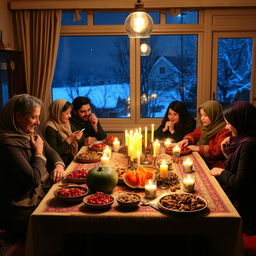 A traditional Iranian Yalda Night celebration featuring a beautifully decorated table with pomegranates, watermelons, nuts, and candles