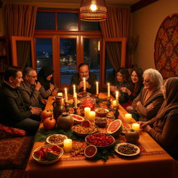 A traditional Iranian Yalda Night celebration featuring a beautifully decorated table with pomegranates, watermelons, nuts, and candles