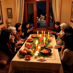 A traditional Iranian Yalda Night celebration featuring a beautifully decorated table with pomegranates, watermelons, nuts, and candles
