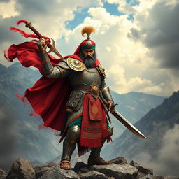 A formidable Iranian warrior dressed in traditional Persian armor, adorned with intricate designs and vibrant colors