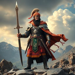 A formidable Iranian warrior dressed in traditional Persian armor, adorned with intricate designs and vibrant colors