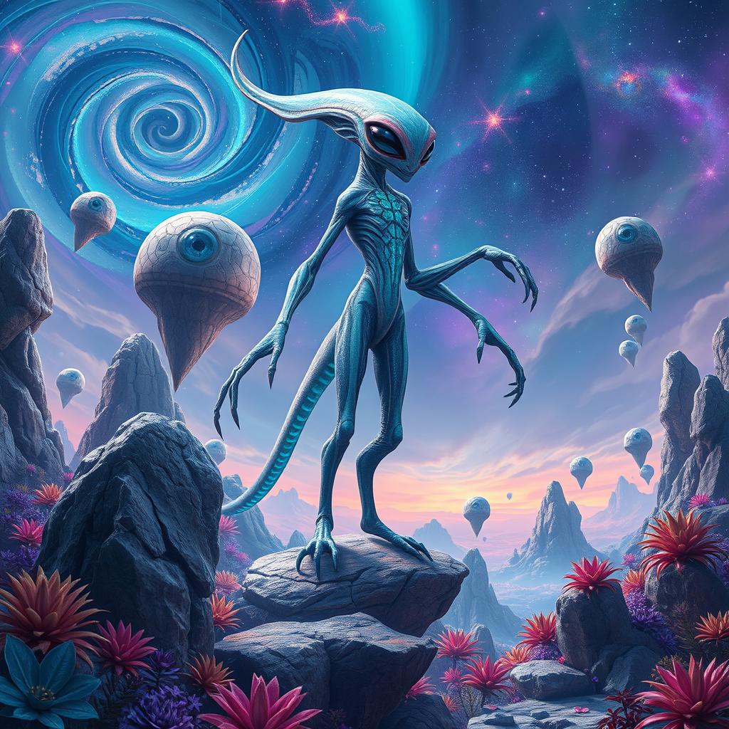 A magnificent alien creature, standing majestically on an otherworldly landscape filled with vibrant colors and surreal plants