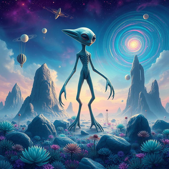 A magnificent alien creature, standing majestically on an otherworldly landscape filled with vibrant colors and surreal plants