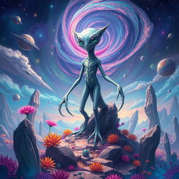 A magnificent alien creature, standing majestically on an otherworldly landscape filled with vibrant colors and surreal plants