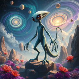 A magnificent alien creature, standing majestically on an otherworldly landscape filled with vibrant colors and surreal plants