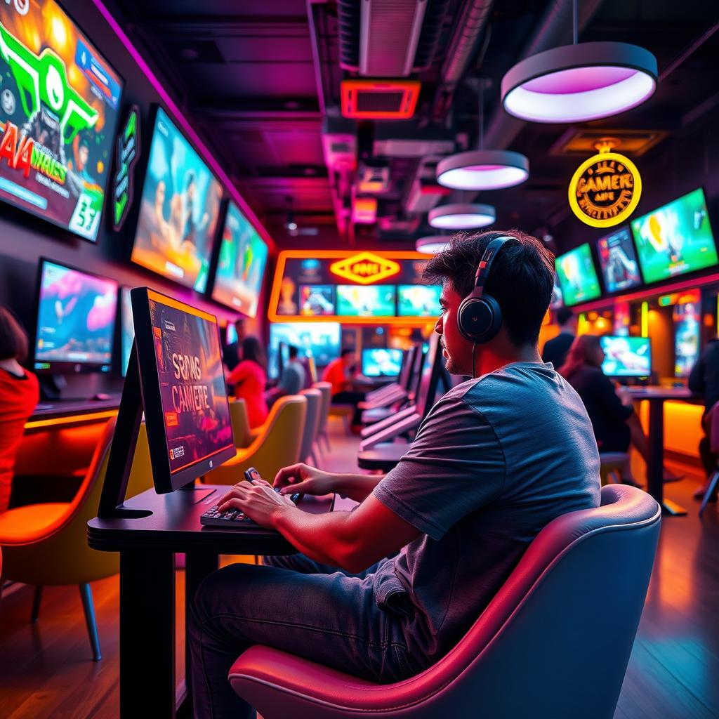 A vibrant scene of a person sitting in a trendy gaming café, fully immersed in playing video games on a modern computer or console