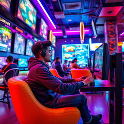 A vibrant scene of a person sitting in a trendy gaming café, fully immersed in playing video games on a modern computer or console