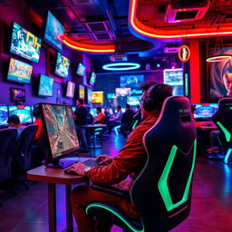 A vibrant scene of a person sitting in a trendy gaming café, fully immersed in playing video games on a modern computer or console