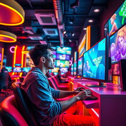 A vibrant scene of a person sitting in a trendy gaming café, fully immersed in playing video games on a modern computer or console