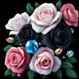 A dark and elegant fantasy novel cover featuring a poetic design with roses in vibrant colors: white, black, green, blue, and pink