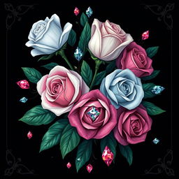 A dark and elegant fantasy novel cover featuring a poetic design with roses in vibrant colors: white, black, green, blue, and pink