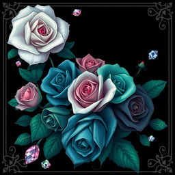 A dark and elegant fantasy novel cover featuring a poetic design with roses in vibrant colors: white, black, green, blue, and pink