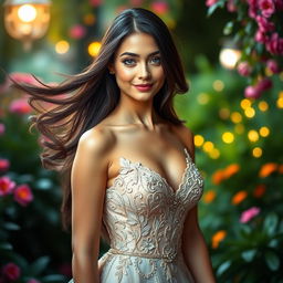 A portrait of the most beautiful woman ever, featuring flowing long dark hair that cascades down her shoulders, radiant skin with a flawless complexion, captivating deep blue eyes that sparkle with warmth and kindness, elegant high cheekbones, and a soft, inviting smile