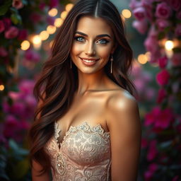 A portrait of the most beautiful woman ever, featuring flowing long dark hair that cascades down her shoulders, radiant skin with a flawless complexion, captivating deep blue eyes that sparkle with warmth and kindness, elegant high cheekbones, and a soft, inviting smile