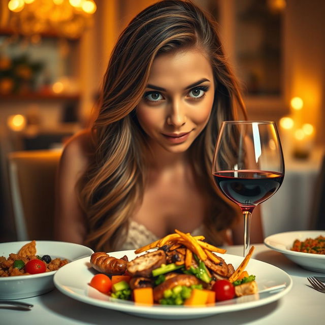 A close-up shot of a young woman sitting at a beautifully set dining table, her eyes wide with anticipation as she gazes at a delicious, colorful plate of gourmet food