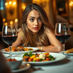 A close-up shot of a young woman sitting at a beautifully set dining table, her eyes wide with anticipation as she gazes at a delicious, colorful plate of gourmet food