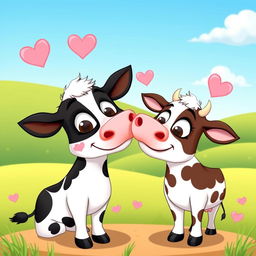 A humorous scene of two cartoon cows playfully engaging in a silly kissing pose, with pink hearts and lovey-dovey expressions around them