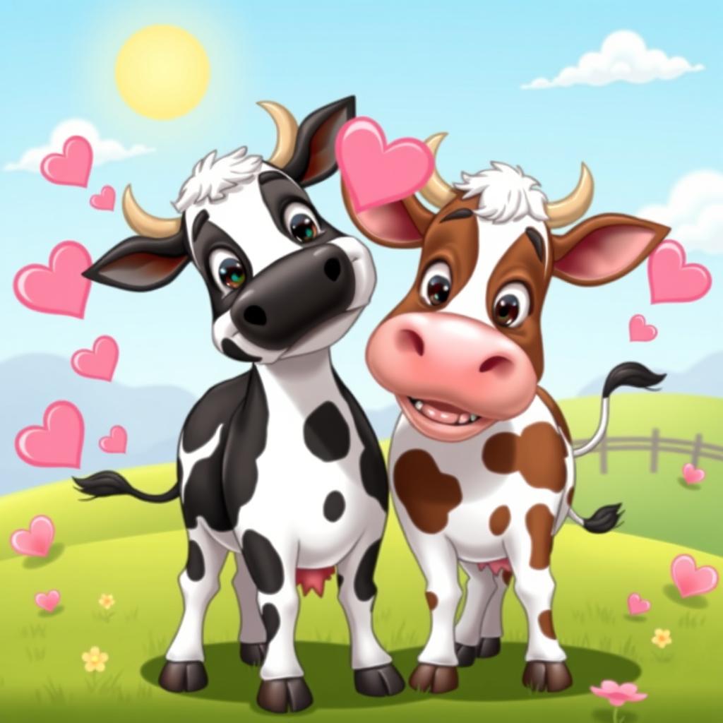 A humorous scene of two cartoon cows playfully engaging in a silly kissing pose, with pink hearts and lovey-dovey expressions around them