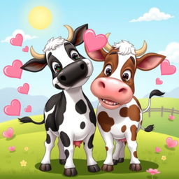 A humorous scene of two cartoon cows playfully engaging in a silly kissing pose, with pink hearts and lovey-dovey expressions around them