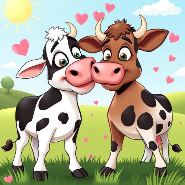 A humorous scene of two cartoon cows playfully engaging in a silly kissing pose, with pink hearts and lovey-dovey expressions around them