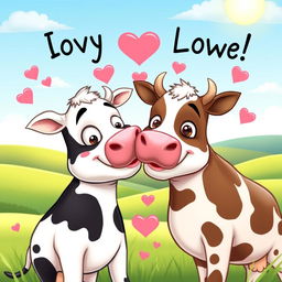 A humorous scene of two cartoon cows playfully engaging in a silly kissing pose, with pink hearts and lovey-dovey expressions around them