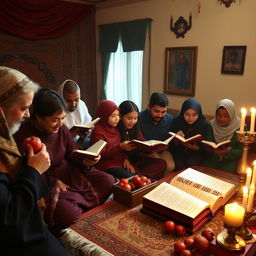 A vibrant scene of a traditional Iranian Yalda Night celebration focused on the ritual of reading Hafez poetry