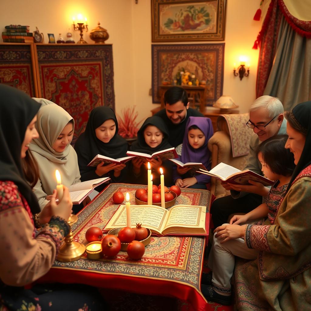 A vibrant scene of a traditional Iranian Yalda Night celebration focused on the ritual of reading Hafez poetry