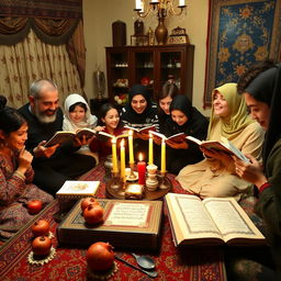 A vibrant scene of a traditional Iranian Yalda Night celebration focused on the ritual of reading Hafez poetry