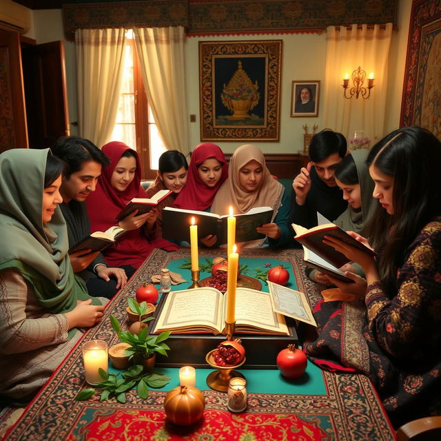 A vibrant scene of a traditional Iranian Yalda Night celebration focused on the ritual of reading Hafez poetry