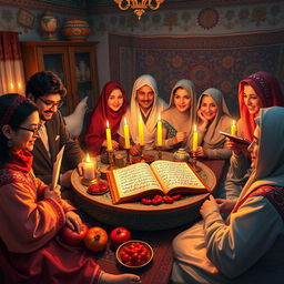 A vibrant scene depicting a traditional Iranian Yalda Night celebration centered around the ritual of reading Hafez poetry